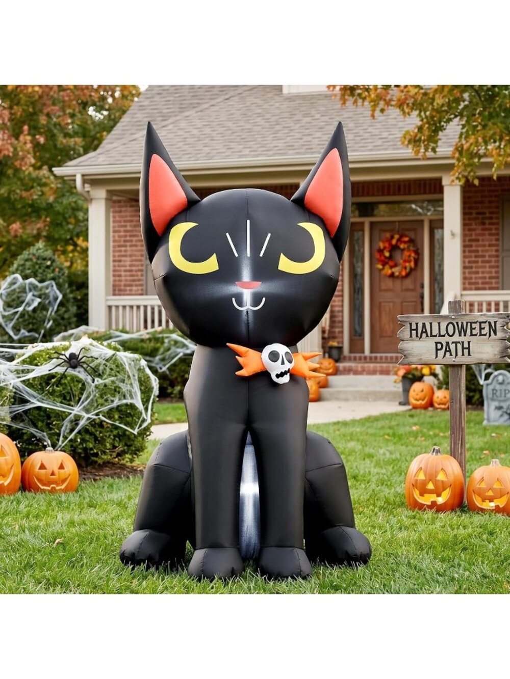 🎃 4FT Inflatable Black Cat Halloween Decoration with LED & Skeleton Badge